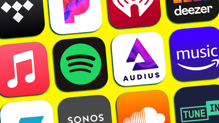 Verschiedene Logos von Music Streaming Apps wie Apple Music, Spotify, Audius, Amazon Music, Sonos, SoundCloud