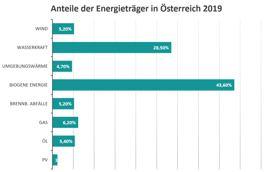 Die Anteile der Energieträger in Österreich im Vergleich aus dem Jahr 2019.
